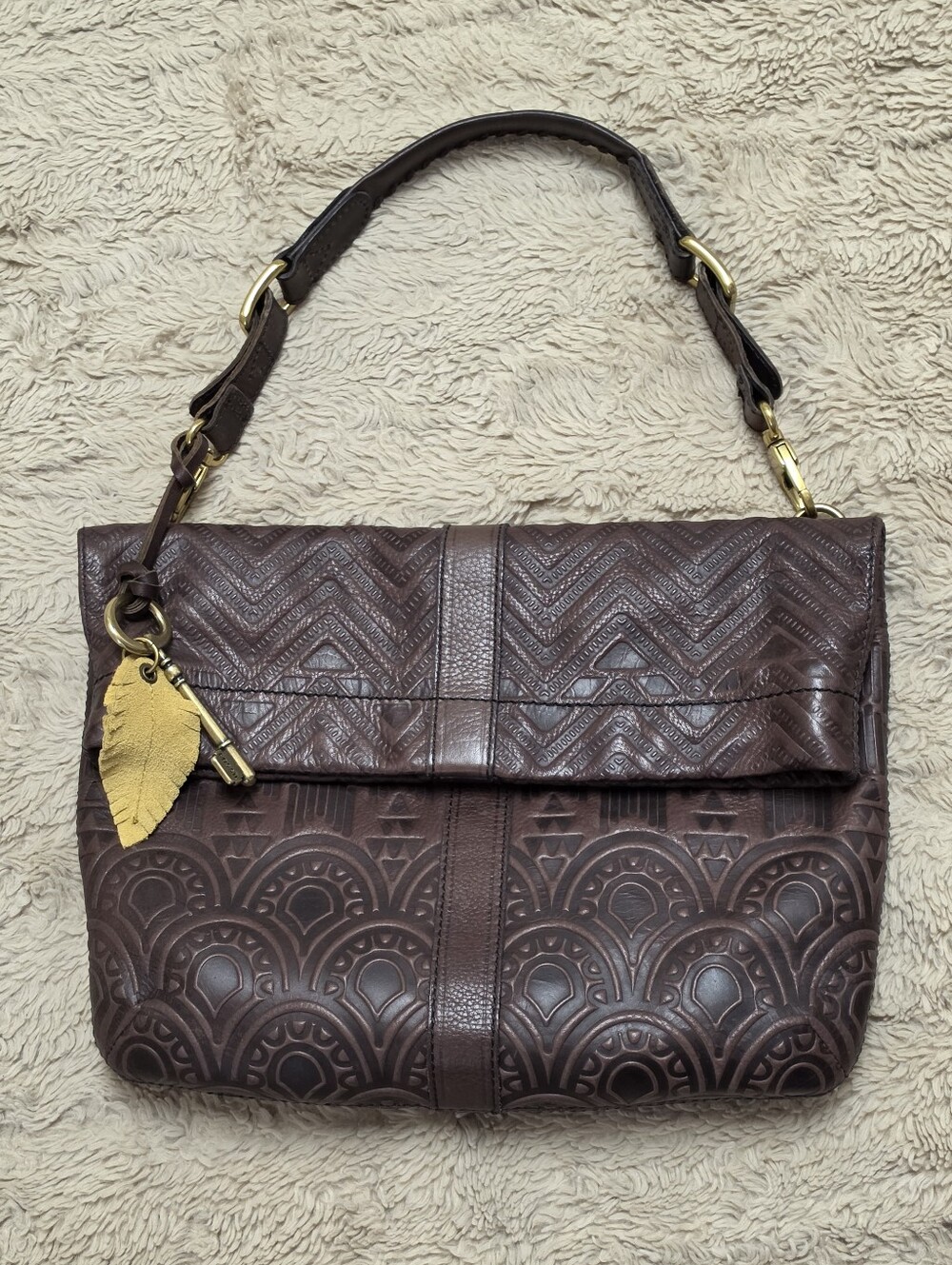 Fossil Brown Embossed Leather Fold-Over Shoulder Bag, Hobo, Convertible